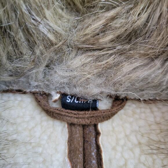 Guess Brown Faux Leather Knee Length Coat Faux Fur Collar Zip Pockets Small - Picture 13 of 13